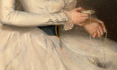 vivelareine:Detail of a knotting shuttle and knots from a portrait of Margot Wheatley by Francis All
