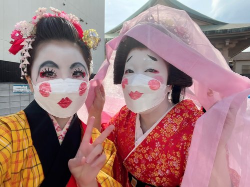  February 2022: Aoi-tayuu and Nanoha-kamuro, of Suehiro okiya, wearing costumes for Obake, a part of