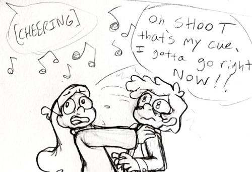 Music and cheering sounds from up ahead on the stage, and Mabel abruptly pushes Bipper away, anxiously shouting "Oh shoot that's my cue, I gotta go right now!!"