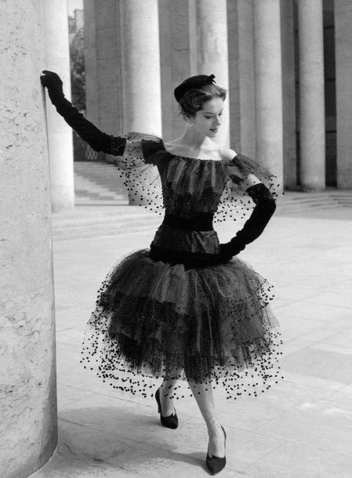 1958 Black velvet and velvet dotted tulle cocktail/party dress by Yves Saint Laurent for Dior