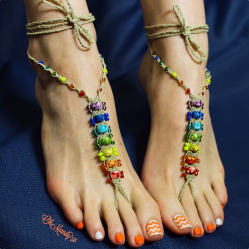 Check out my awesome rainbow barefoot sandals! The rainbow colors make me feel happy. ☀️ Handmade je