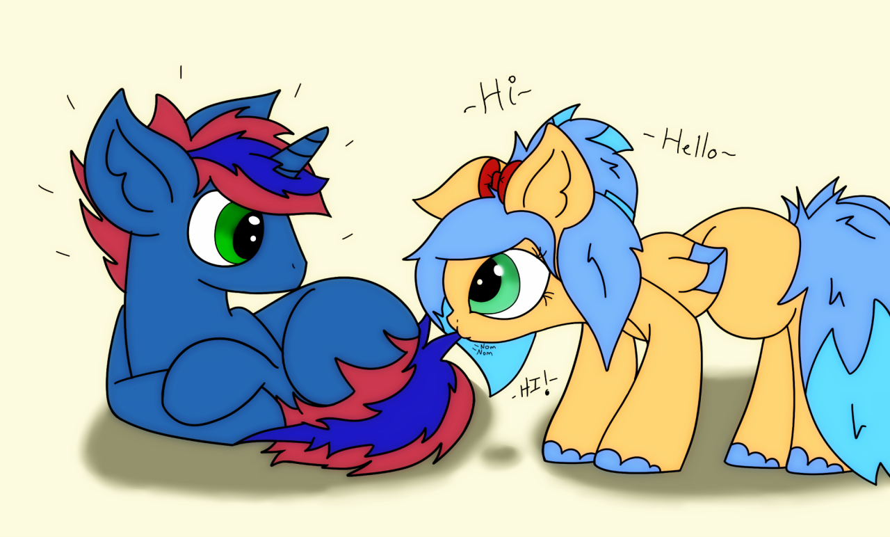 ask-blue-fiction:  Blue says hello to the prince of nomming. askug  Oh! Hi! Hello