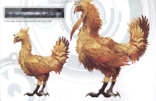 rippercase:  Chocobo Concept Art from Final Fantasy VII, Final Fantasy X, Final Fantasy XII, Final Fantasy XIII, and Final Fantasy XIV respectively.