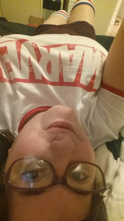 cumselfie: cuckingcherry: Roleplay: Nerdy Girl _ Stockings - check Skirt - check Nerdy tshirt - chec