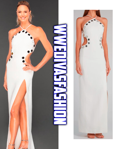 Stacy Keibler was seen wearing the David Koma Mirror Embellished Cut-Out Gown at the 2019 WWE Hall O