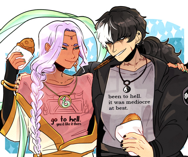 Coloured digital drawing of Nahyuta and Simon from Ace Attorney in casual clothes. Nahyuta is wearing a shirt that says "Go to hell. You'd like it there." and Simon is wearing a shirt that responds, "Been to hell. It was mediocre at best." They're both holding a taiyaki (Japanese street food).