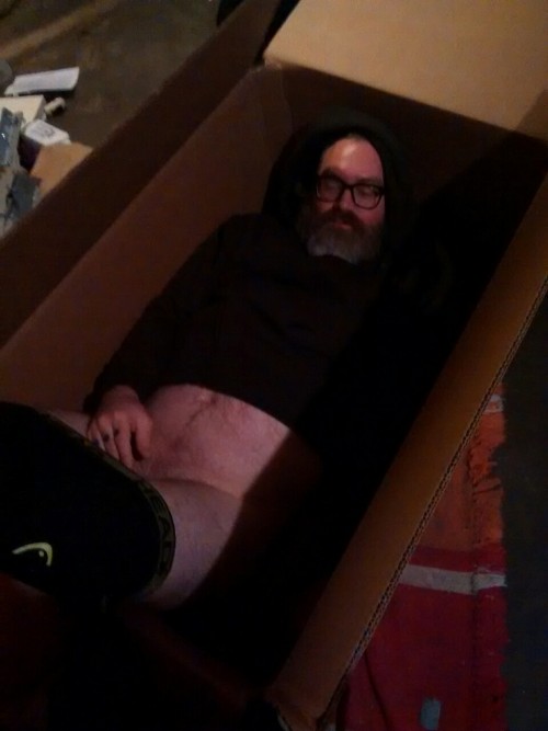 My papa bear got really drunk one night and tried to close himself up in the box he wants to keep me in. This is before stripping naked and trying to run outside at 3 in the morning. Either way, it was the cutest and most adorable thing ever. @shanedog09