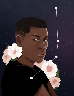 kly-drws:  that’s the only name they ever gave me. - - - - white peonies to represent purity and loyalty. the constellation is a map connecting the starkiller base, jakku, takodana, and d’qar; finn’s journey so far. based on this photo of john.