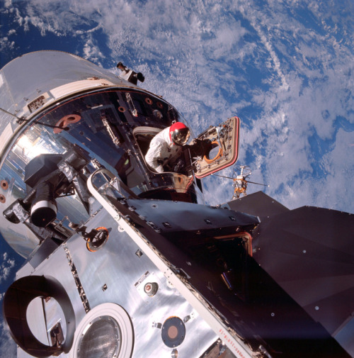 humanoidhistory:March 6, 1969 – Astronaut Dave Scott in the open hatch of the Apollo 9 command modul