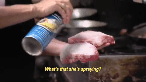 wayneradiotv:  dec-uke-ly-moo:  rock10zxa:  unadulteratedpiratepizza:      I’m not in the cooking fandom, is this concerning because they’re spraying an aerosol so close to a hot surface? Or are they putting an absurd amount on? Or is it an inedible