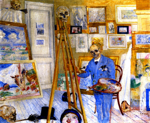 dappledwithshadow:  The Skeleton PainterJames Ensor - circa 1895-1896 Koninklijk Museum voor Schone Kunsten - Antwerp (Belgium)	Painting - oil on panel Height: 37.7 cm (14.84 in.), Width: 46 cm (18.11 in.) 