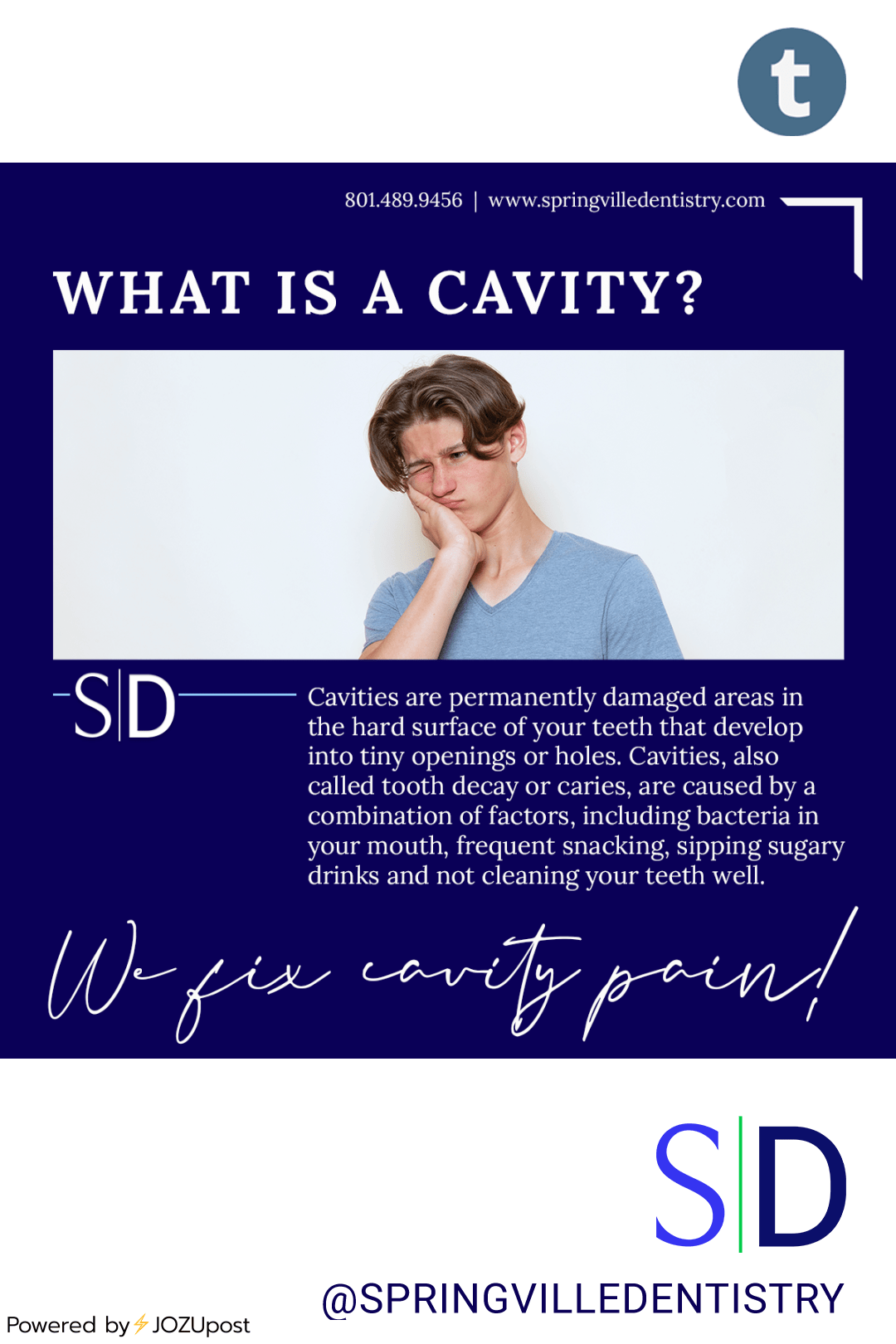 WHAT IS A CAVITY? Cavities are permanently damaged areas in the hard surface of your teeth that develop into tiny openings or holes. Cavities, also called tooth decay or caries, are caused by a combination of factors, including bacteria in your...