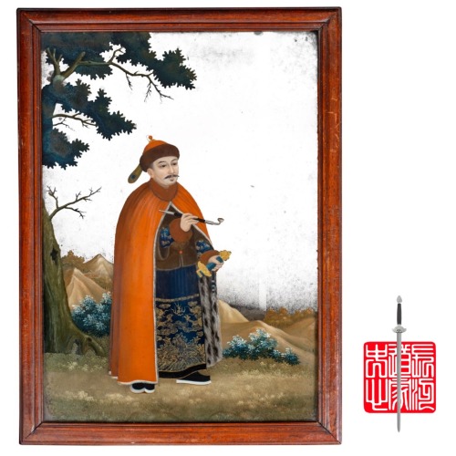 Chinese Painting of a Jianke (劍客, Swordsman), 19th Century Reverse Painting on a mirror.