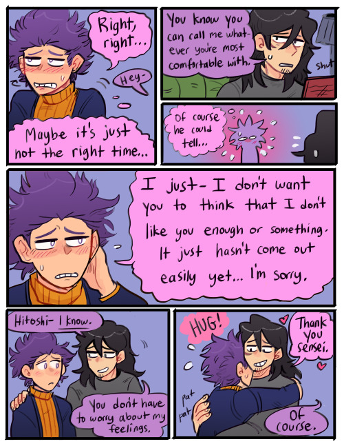 corndog-patrol:a short comic for my hc that shinsou has a bit of trouble calling aizawa “dad” at fir