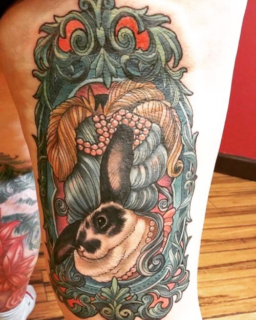 fuckyeahtattoos:  Portrait of my pet rabbit, Monster, as a French Lady powdered wig and all.   Done by Lisa at Skinny Buddha, Green Bay, WItr 