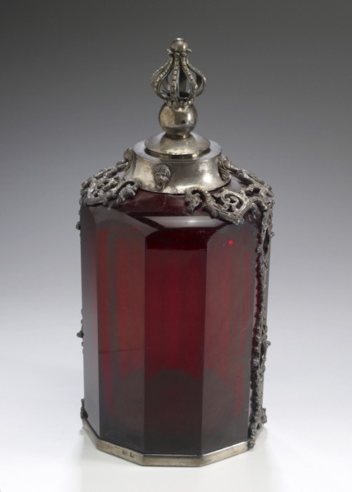 victorianink:Bottle, made of carved lead crystal glass with a silver mount and a cork stopper, belie