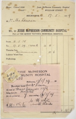 drspocksaidso:  So in 1939 in Melbourne, Australia, 10/6 is what it cost to remove baby McLaurin’s foreskin (10/6 meant 10 shillings and sixpence, or in modern terms 55cents).Then a second bill, also 1939, and probably from London, England, where the