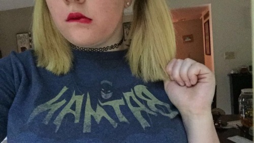 daddys-lilharley:•Harley wearing a batman shirt ? Wow.• (sorry I did what I could with what I had)