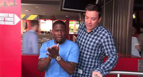 fallontonight:  Kevin Hart ran into some trouble when going to ride a roller coaster with Jimmy. 