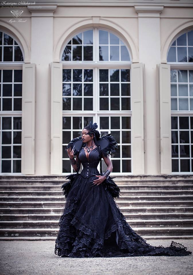 Mystic Thread on Tumblr: Black taffeta gothic victorian costume vampire  queen neck collar decorated with feathers and crystals & Black organza  feather