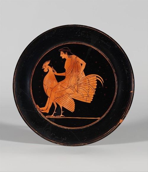ancientpeoples:Terracotta plate The man is riding a Rooster and touches the bird on the neck. This p