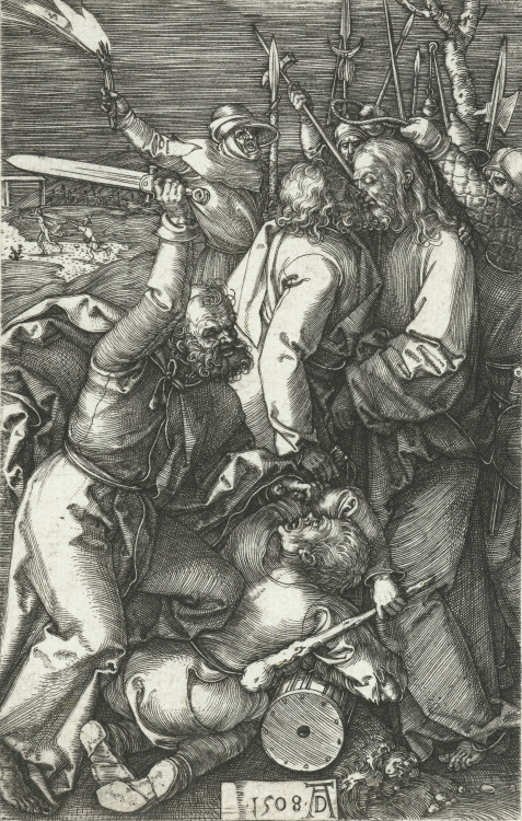 nsfwbible:‘Then Satan entered into Judas’That kiss is strikingly passionate in Albrecht Dürer’s masterful engraving, made in 1508. Note the bag of silver in the betrayer’s hand, and the naked fugitive (from Mark 14:51-52) fleeing in the distant