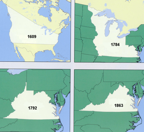 huellbabineauxdefensesquad: fishmech:  mapsontheweb: Virginia’s territorial claims over the years. with your donations, we can reduce virginia even further  