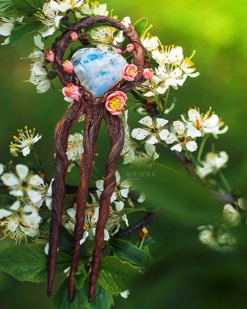 Sakura hair pin, made from polymer clay with rainbow moonstone. SOLDAmazing photo by @anna__veselkov