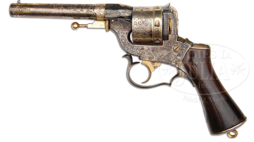 Rare engraved, silver plated and gold washed Perrin revolver.  Originates from France, mid 19th cent