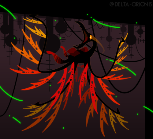 A digital drawing of a Miros Vulture from Rain World. It is a bird-like creature with four wings, a long neck, yellow eyes, and a long beak with sharp teeth. Attached to its wings are warm-colored "feathers" that resemble knives. The Miros Vulture has its beak open and is looking towards the viewer in an intimidating pose.
In the background, green sparks float through the air. Spherical mechanical structures resembling those seen in The Underhang are suspended from a black ceiling.