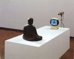 zv5:  Nam June Paik TV Buddha, 1974 Video installation with statue. Stedelijk Museum, Amsterdam 