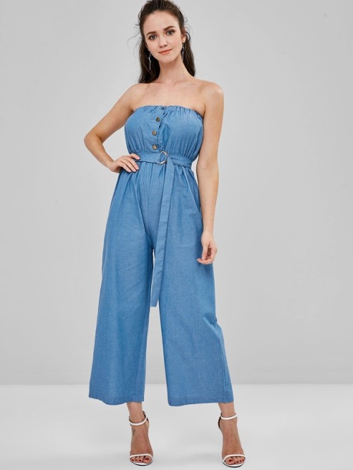 Zaful strapless button up wide leg jumpsuit