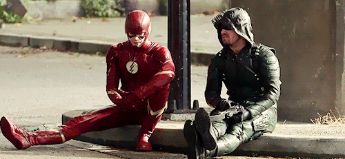 aarchieandrews:Grant Gustin & Stephen Amell on the set of ‘Crisis on Earth-X’