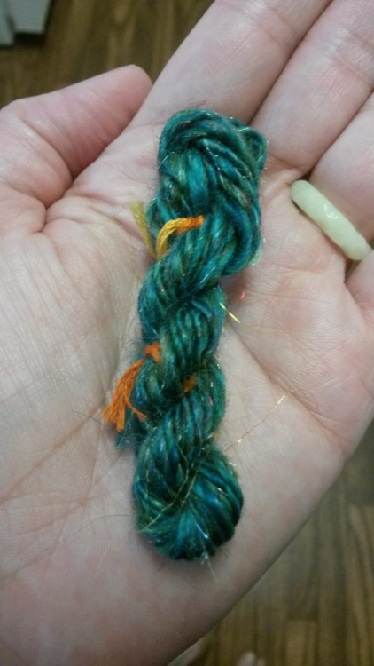 My first grown-up handspun yarn. Fiber is “Verdigris” by SpinJones on Etsy, spun and pli