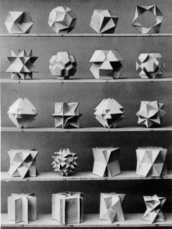 design-is-fine:  Max Brückner, from his book Vielecke und Vielfläche, 1900. Leipzig, Germany. Via Bulatov. Brückner extended the stellation theory beyond regular forms, and identified ten stellations of the icosahedron, including the complete stellation.