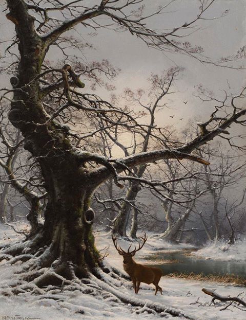 “Stag in a snow covered wooded landscape&quot; by Nils Hans Christiansen (1850-1922)