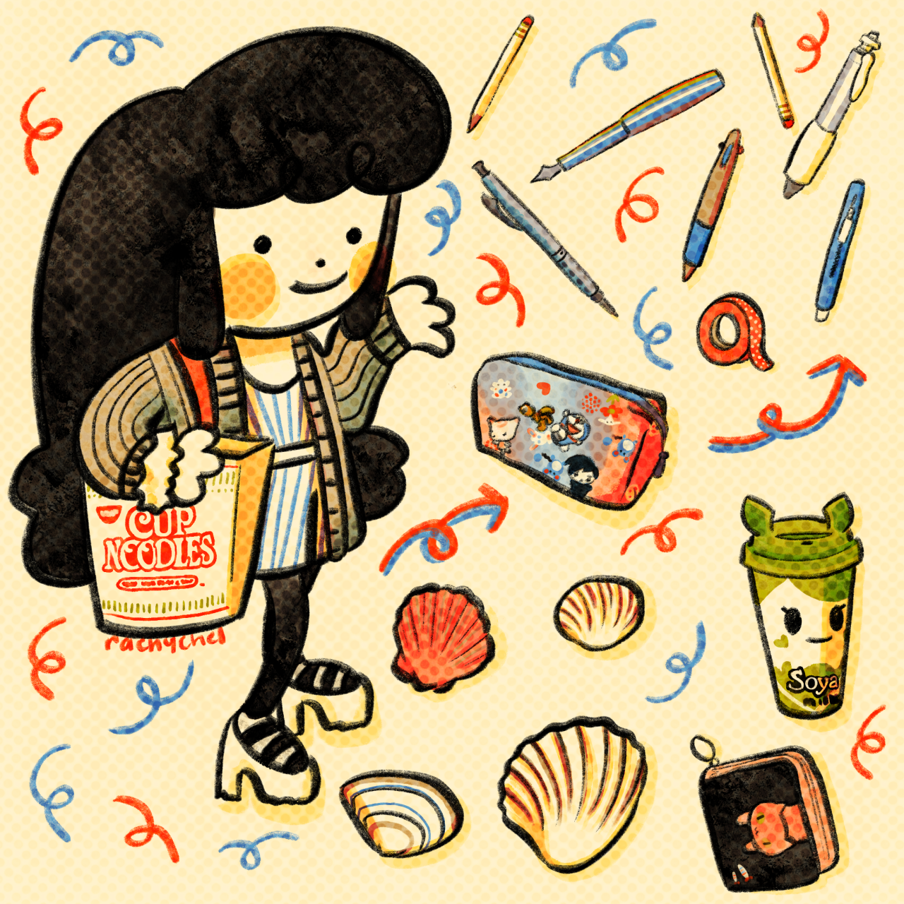 Digital drawing done in Procreate. I’m wearing a white and blue striped romper, light brown cardigan, black tights, white chunky heel sandles, and a Cup Noodles tote bag. Inside my bag are: assorted bivalve shells, black wallet with a pink cat on it, tokidoki travel mug, fairy Pokémon pencil pouch. Inside the pouch are several pencils and pens and a roll of washi tape