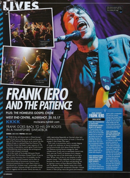 mcrscans: Frank Iero and the Patience live review (Aldershot, UK), for Kerrang! 2017 by James Hickie