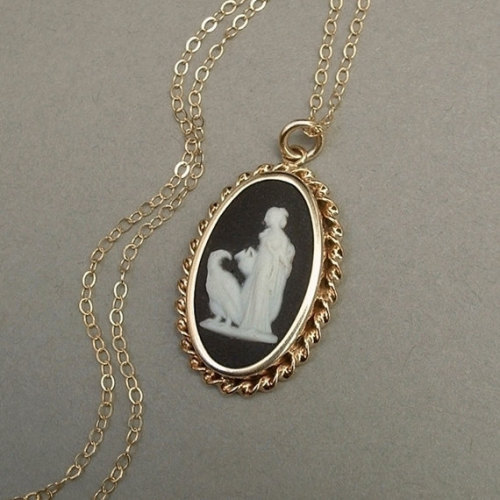 WEDGWOOD Vintage CAMEO Pendant Black JASPERWARE Mourning Jewelry England c.1960s