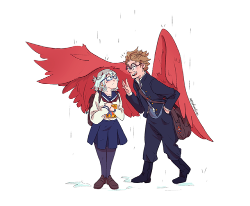 aeroplaneblues:  Frozen Chicken❄️🐥    That’s their ship name lmao tho idk fuyumi’s quirk! I have a hc/au where fuyumi and hawks know each other since middle school and are each other’s first friend/crush :> Also i still hate hawk’s hair