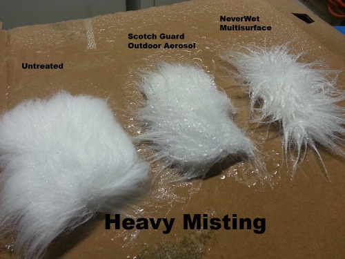I was re-waterproofing my jacket when I get an idea. I grabbed some fur swatches I had laying around, applied the two different hydrophobic coatings that I was using, and tested the results. I did have to part the fur and brush the coatings in with an
