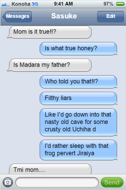 textingninjasofkonoha:  Mikoto has standards. 