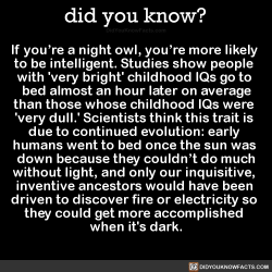 did-you-kno:  If you’re a night owl, you’re more likely  to be intelligent. Studies show people  with ‘very bright’ childhood IQs go to  bed almost an hour later on average than those whose childhood IQs were  &lsquo;very dull.’ Scientists think