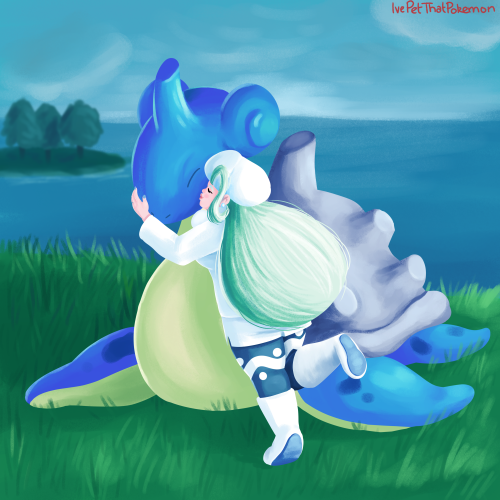 ivepetthatpokemon:I met up with Melony and her Lapras, Melody. The Isle of Armor is pretty warm but 