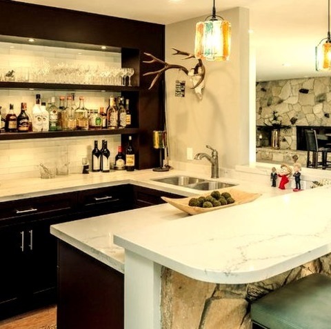 Home Bar - Living RoomExample Of A Large 1950s Enclosed Medium Tone Wood Floor And Brown Floor Living