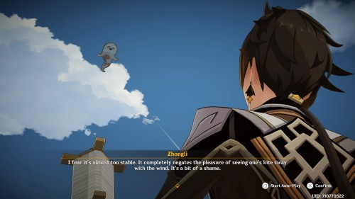 screenshot of zhongli from the 4.4. genshin impact lantern rite event. he's flying a kite as he says, "I fear it's almost too stable. It completely negates the pleasure of seeing one's kite sway with the wind. It's a bit of a shame."