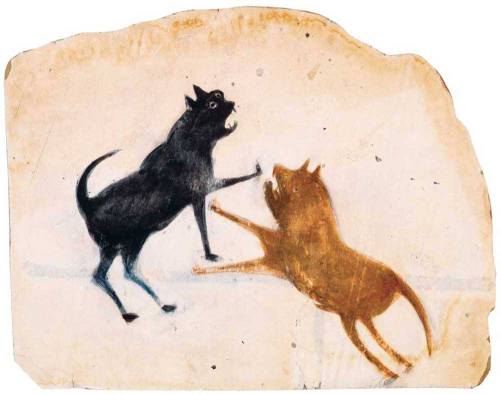 Bill Traylor, untitled (two dogs fighting) c. 1939–1947. Poster paint and pencil on cardboard.