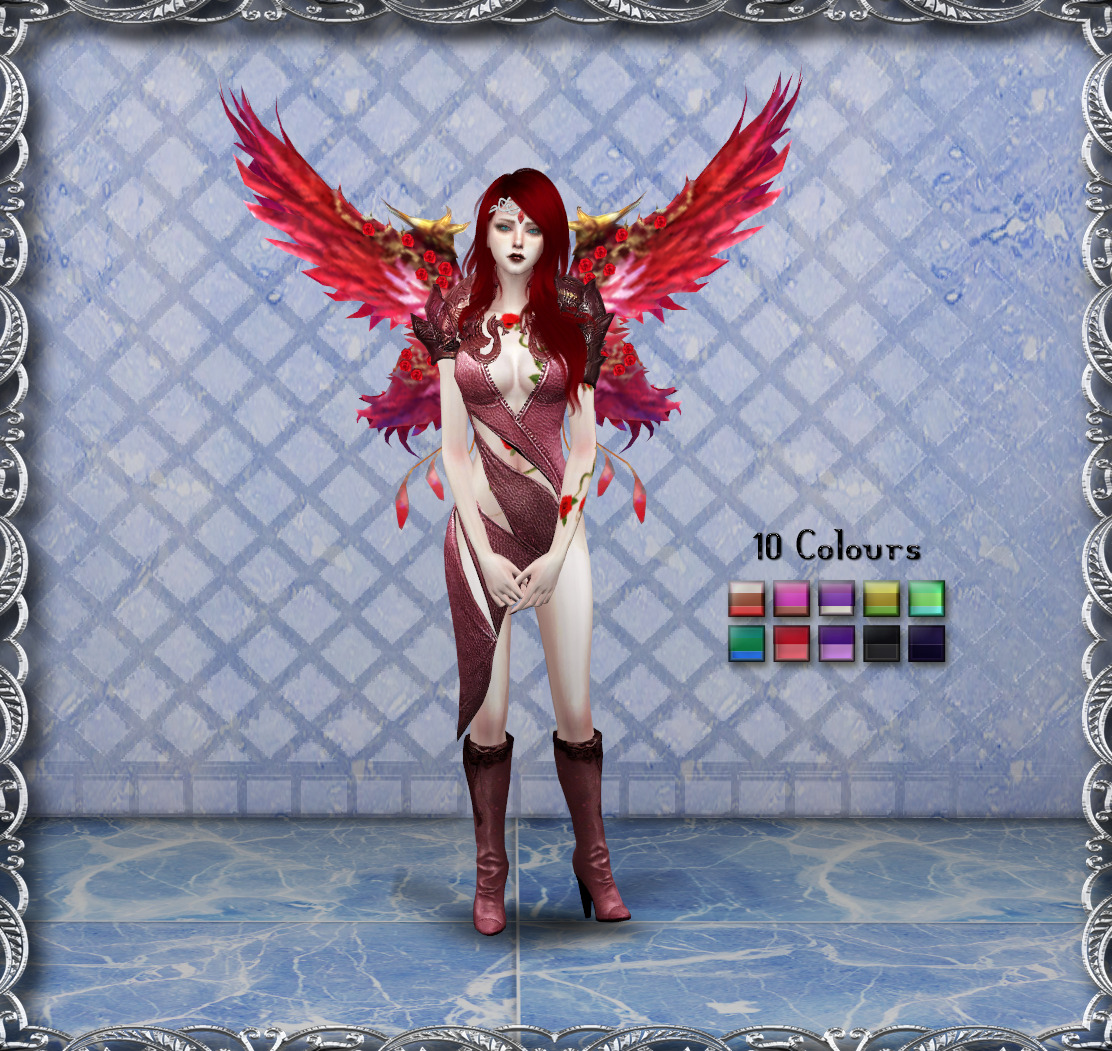 A pair of red fiery looking wings worn by a female sim. Galaxy looking. 