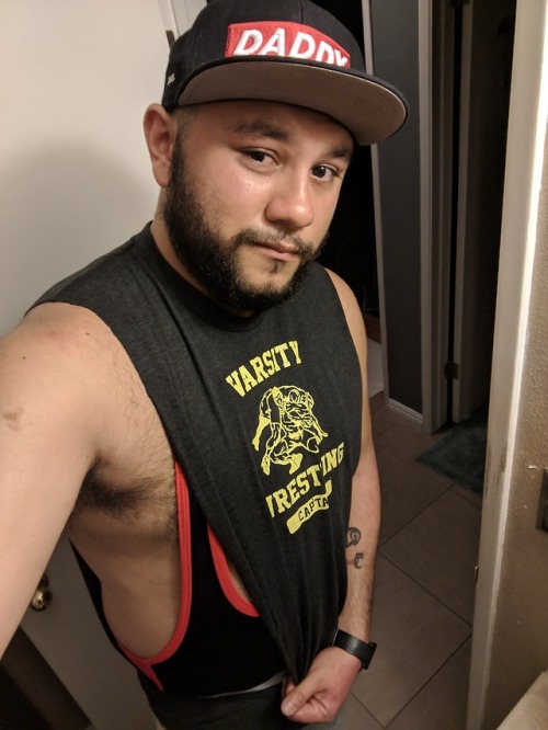 bearcubotterthingy:  Yesterday was underwear day at eagle 562, so I figured why not wear my singlet and my varsity wrestling captain tank top. I felt rather cute. But was really drunk when I took these photos