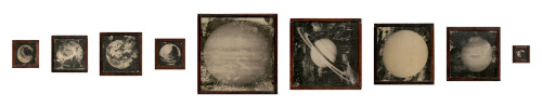 Planets of the Solar System. Acrylic transfer, paper on wood panel. Various sizes (1&quot;-6&